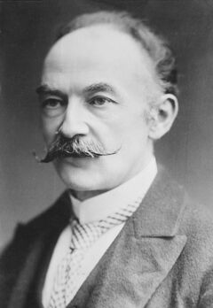 A black and white photograph of Hardy from his late middle age. He is wearing smart, formal clothes, such as a stiff collar and tie