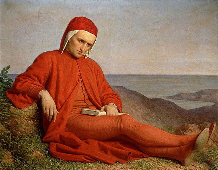 Dante Alighieri Italian poet portrait on a dark red background as  recollection of his Divine Comedy Inferno.Content made with generative AI  not based on real person. ilustração do Stock