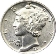 Mercury dime, 1941. Courtesy Wikimedia Commons.