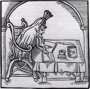 Robert Greene (1558-1592), after death (in his shroud), still writing. Woodcut from Green in Conceipt by John Dickenson, 1598. Courtesy Wikimedia Commons.