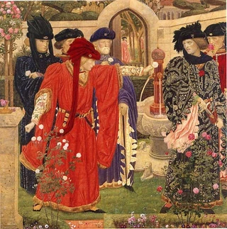 "Plucking the Red and White Roses in the Old Temple Gardens." Painting by Henry Arthur Payne (1868-1940), circa 1908. Courtesy Wikimedia Commons.