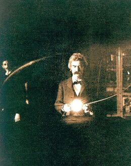 Twain in the lab of Nikola Tesla, early 1894, from Century magazine, April 1895. Courtesy Wikimedia Commons.