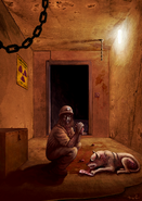 The Cave by Danny Antivalidis, depicting Red in an unknown part of the mine, eating alongside a dog as he stares at the viewer.