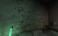 Red's scribbling on the wall inside his room.