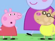 Peppa telling Pedro Pony to keep Madame Gazelle outside The Playgroup while the rest of the gang prepares the party