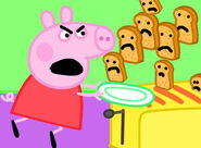 Peppa Pig trying to catch bread.