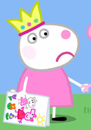 Suzy wearing Peppa's plastic crown in Suzy Goes Away