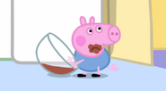 George is sad hearing Peppa and Suzy play