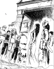 Reyna accueille Annabeth, Piper, Jason et Léo au Camp Jupiter