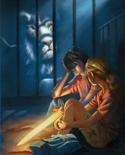 Percy et Annabeth discutant dans le semi-remorque à côté du lion albinos