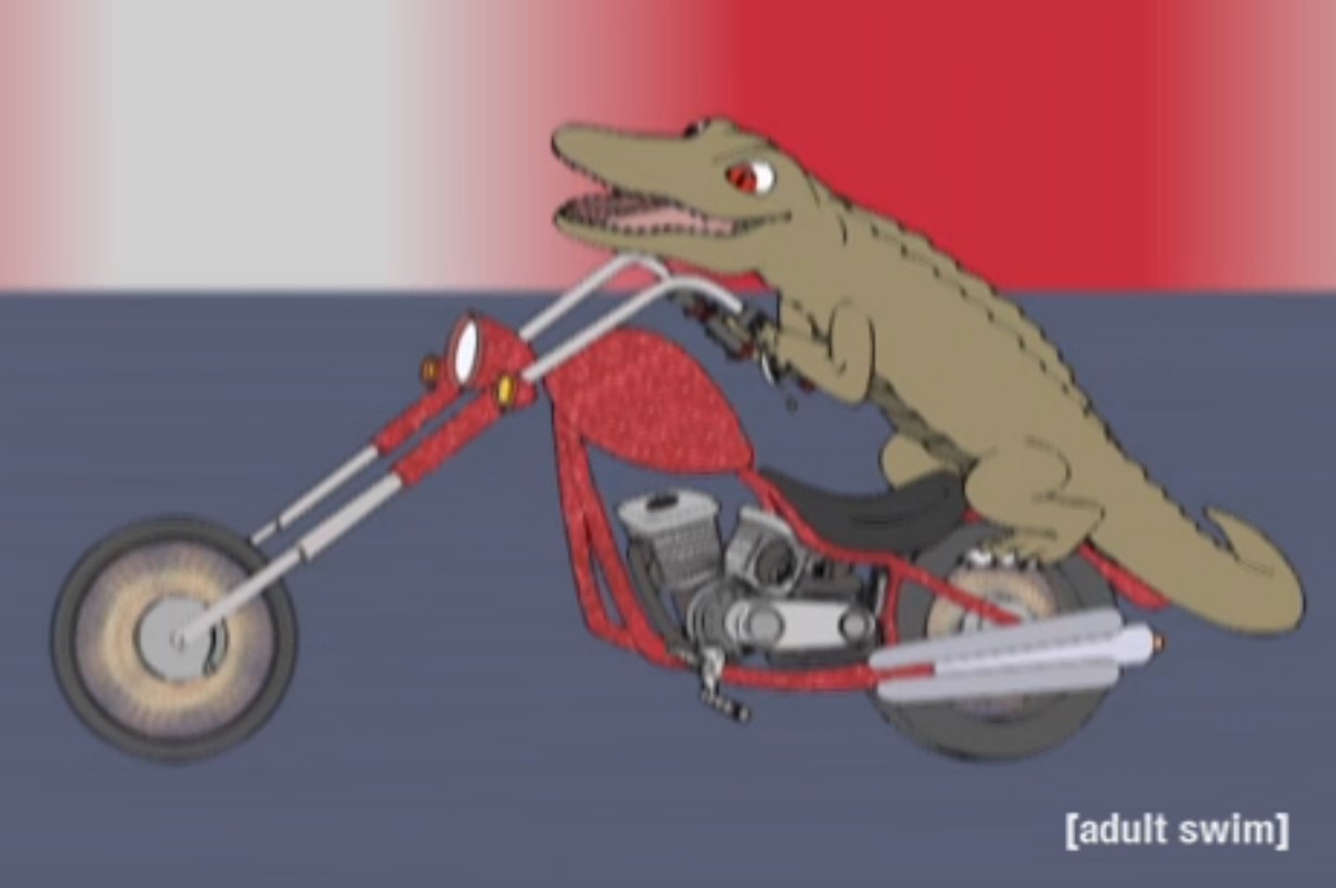 Cool Cartoon Rider Crocodile Character on Chopper Motorbike