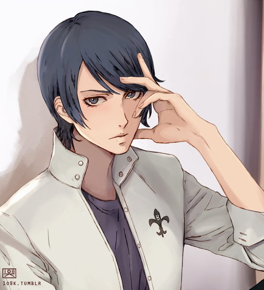 The illustration depicts Yusuke Kitagawa (inspired by Inari) from the Persona series. His hair is gray and he is wearing a white jacket with a grey shirt underneath.  