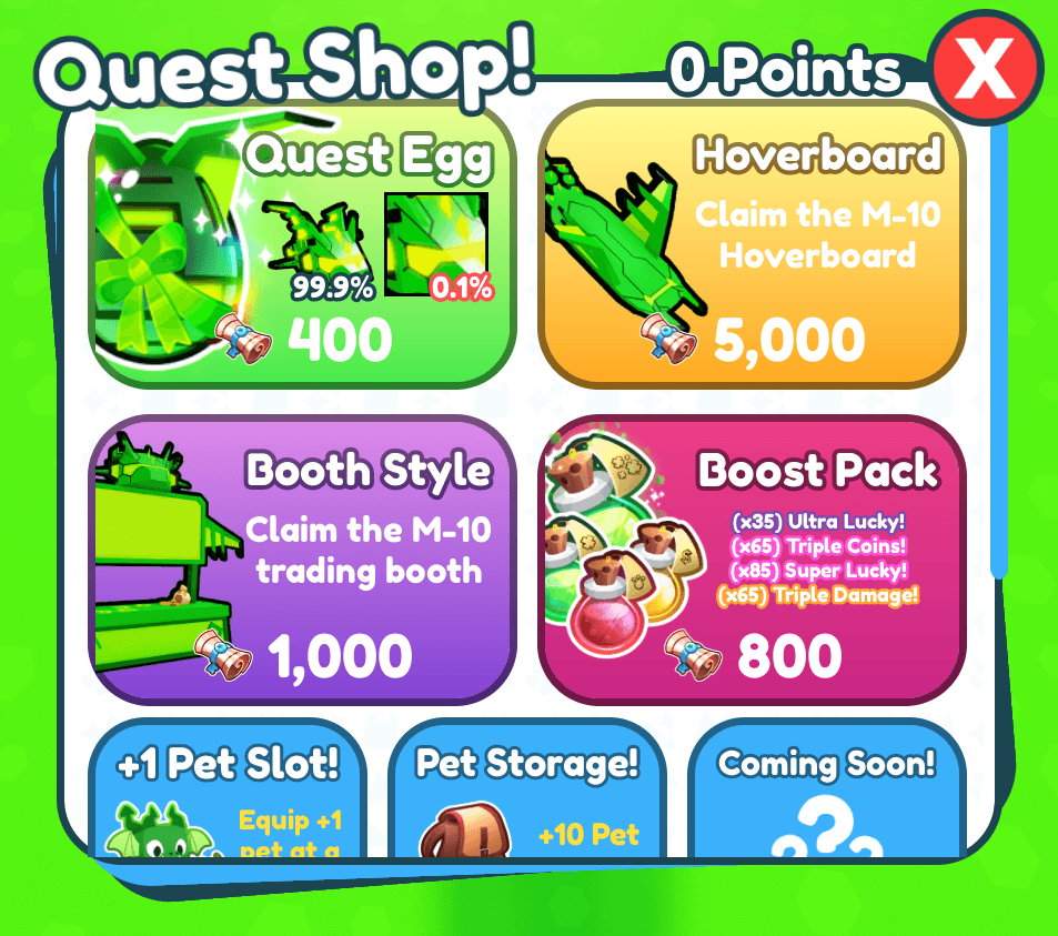 Pet Simulator X Quest Shop Items - Hold To Reset