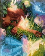Peter Pan sleeping among fairies