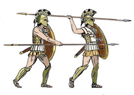 Two Hoplites shown in two attack positions, with both an overhand and underhand thrust (p.d.)