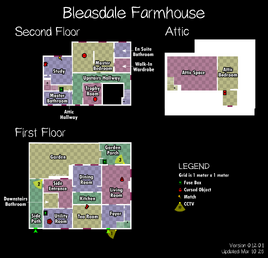 Bleasdale Farmhouse - Carte avec une légende indiquant les emplacements des caméras de surveillance, les emplacements d'apparition des Objets maudits, et tous les emplacements possibles du disjoncteur.