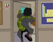 Johnny running out from the classroom in fear