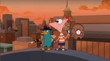 Phineas and Perry arriving at the top of Doof's building.