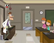 Doofenshmirtz finishing his lecture before the bell rings