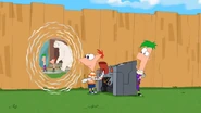 Phineas and Ferb watching their alternate selves before the hole closes