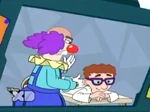 Major Monogram, in a clown suit, massages Carl.