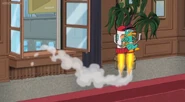 An angry Perry arrives to Doof's office via jetpack.