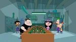 Buford, Isabella, Ferb, Phineas, and Baljeet in the Garage