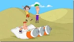 Django, Phineas, and Ferb bouncing on Paint Squirters
