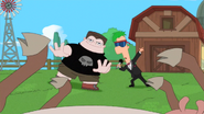 Buford and Ferb tips a cow.