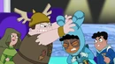 Buford ties up Baljeet's costume ears to a knot.