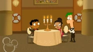 Ferb shows Baljeet and Mishti to their table.