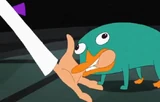 Perry biting Doof's finger (much to Phineas and Ferb's anger)