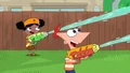 Phineas and Holly squirt water guns at the gelatin monster.