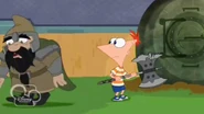 Phineas breaking Dumpamir's third axe in an attempt to open the capsule