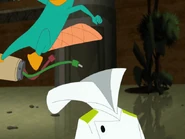 Parenthesis' head is kicked out by an arriving Perry, revealing to be an android.