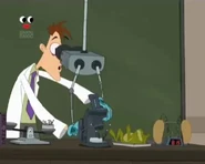 Doofenshmirtz using the microscope to present out the properties of the DNA to the class