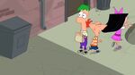 Isabella and Phineas run away from Steve, but Ferb doesn't