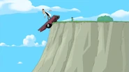 Perry jumps off the truck and it goes down the cliff.