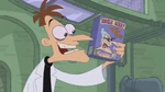 Doofenshmirtz holds up a box of Doonkelberry Cake Mix.