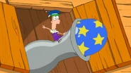 Ferb riding one of the cannons.