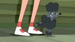 Suzy's poodle about to pee on Candace's shoe.