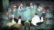 Doofenshmirtz showing the blueprints of his successful scheme of moving the Earth, much to the other villains' delight