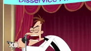Doof angrily yells out his introduction to silence the noise
