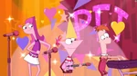 Phineas, Ferb and Candace dancing.