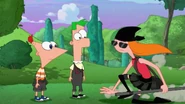 Phineas, Ferb, and Candace following the aftermath of the giant insect robots' attack.