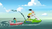 Doofenshmirtz riding a jet ski