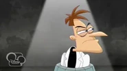 Doofenshmirtz looking on the other side to see the kidnapper