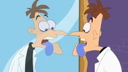 Doofenshmirtz's tongue is blue due to eating too many raspberry popsicles.