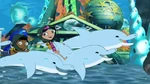 Baljeet and Isabella mounted on dolphins.