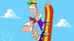 Phineas, Ferb and Candace snowboarding.